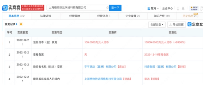 抖音集團(tuán)旗下公司增資至1億元-物流之家