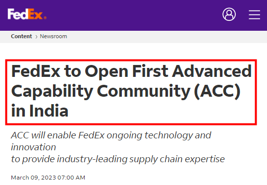 聯(lián)邦快遞計(jì)劃2023年在印度海得拉巴開設(shè)其首個(gè)高級(jí)能力社區(qū)(ACC)-物流之家