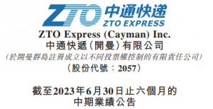中通快遞發布2023年上半年業績公告 收入187.24億元 毛利58.28億元-物流之家