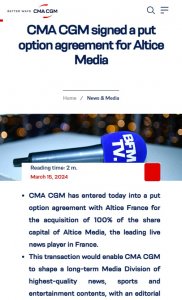 達飛擬以15.5億歐元收購法國媒體公司Altice Media-物流之家