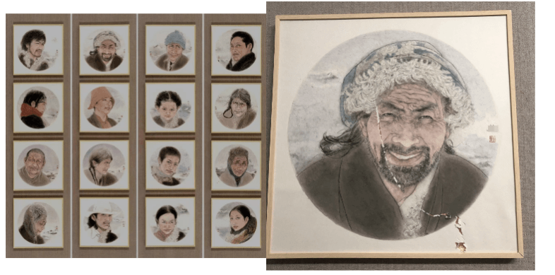 作品《吉祥紫光》與破損的畫作。消費者供圖