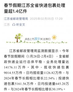 春節(jié)假期江蘇省快遞包裹處理量超1.4億件-物流之家